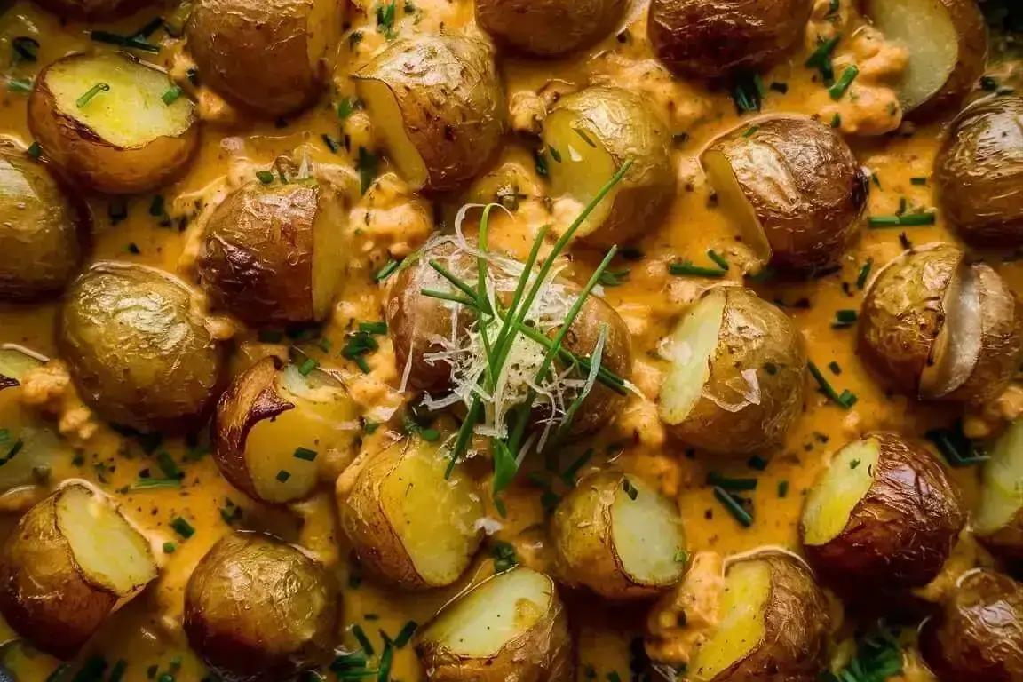 Golden cheesy ranch oven roasted potatoes fresh from the oven.