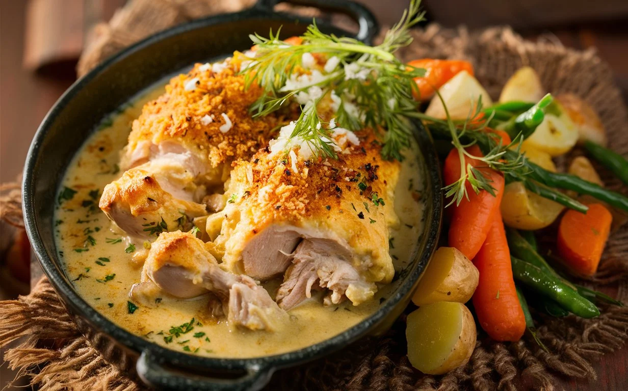 Delicious chicken casserole topped with golden breadcrumbs and fresh herbs.