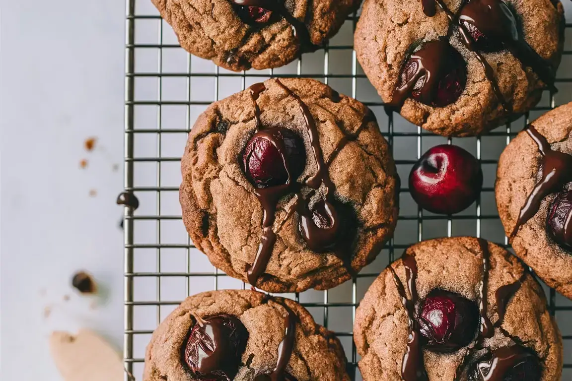 Freshly baked chocolate cherry cookies cooling on a rack