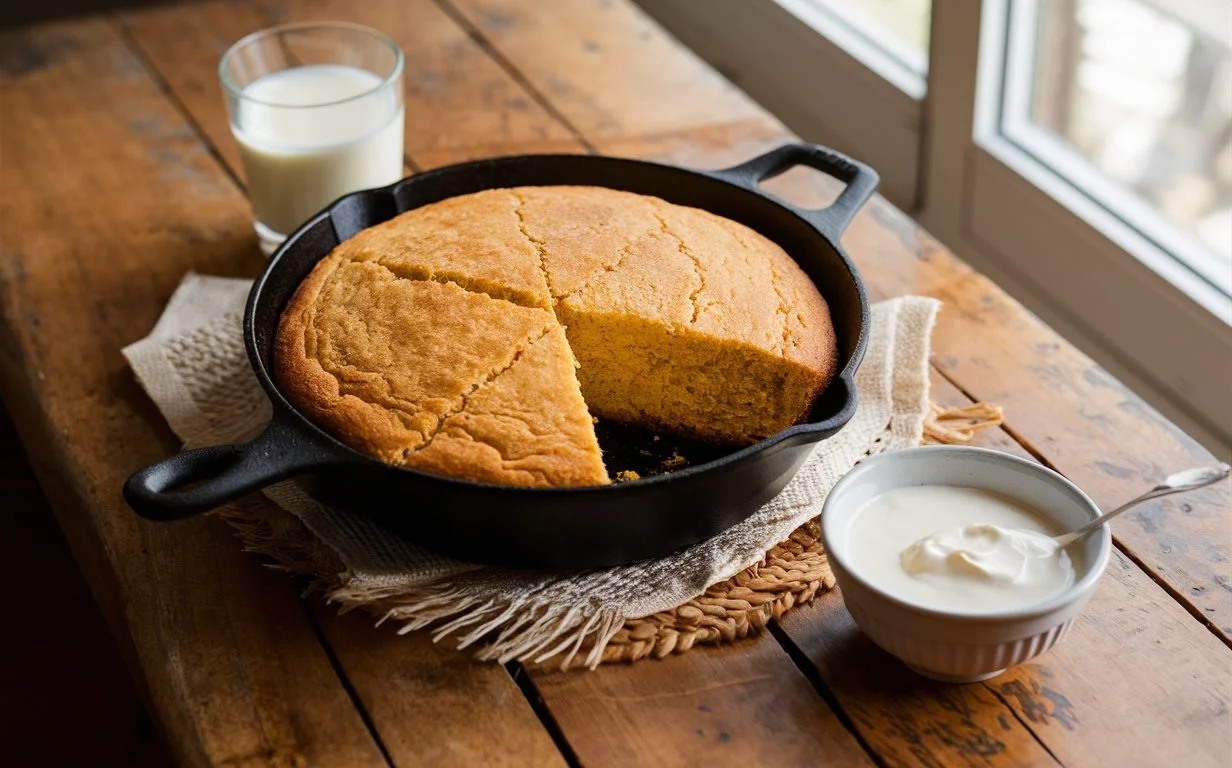 Freshly baked cornbread with milk and buttermilk.