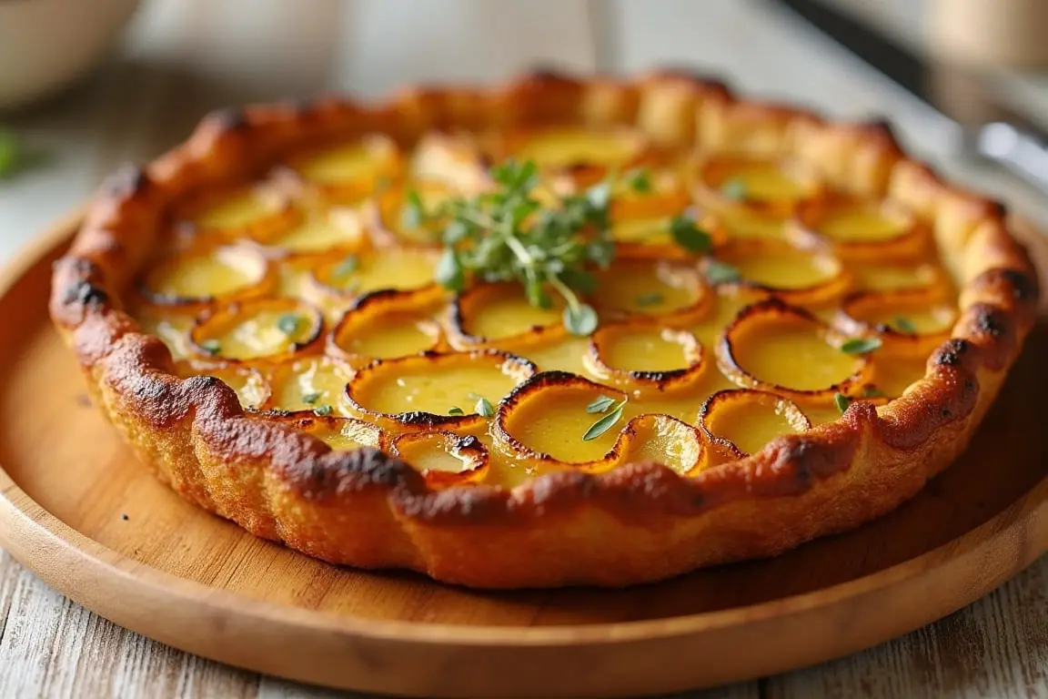 Crispy balsamic thyme potato torte on a wooden plate