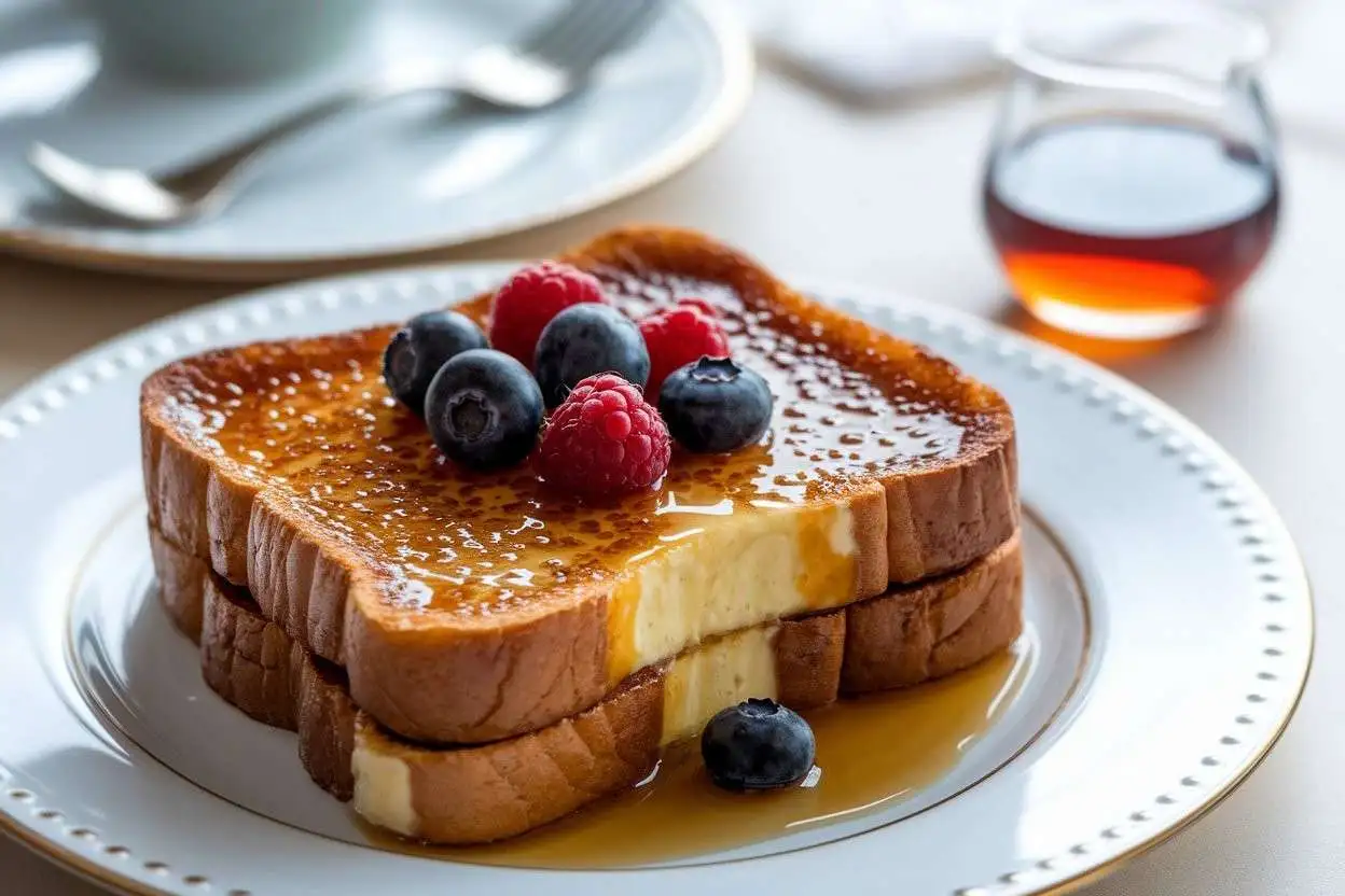 Overnight Crème Brûlée French Toast slice with caramel topping