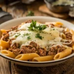 Cheesy penne pasta with garlic butter ground beef on a rustic wooden table