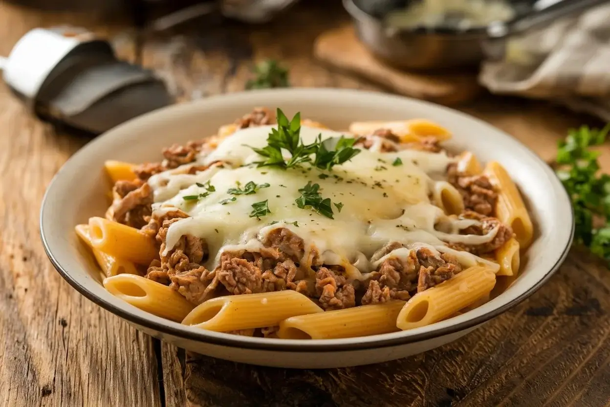 Cheesy penne pasta with garlic butter ground beef on a rustic wooden table