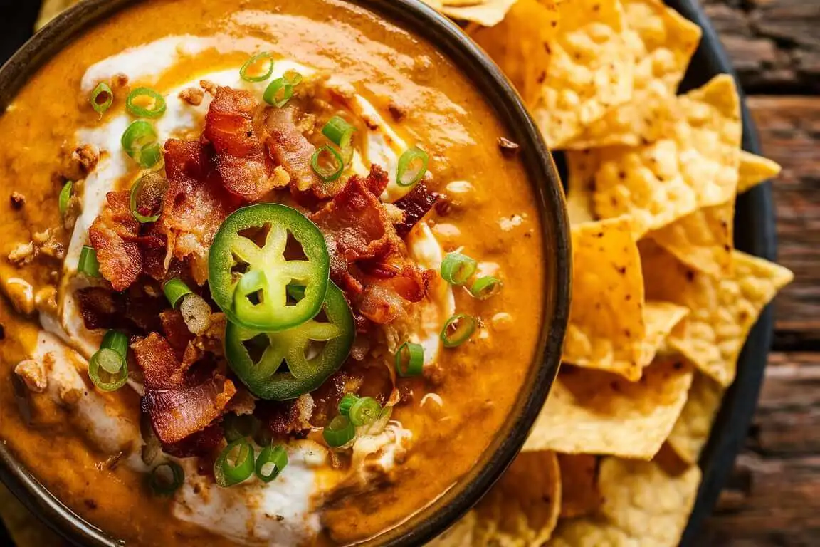 Sizzling Bacon Cheeseburger Queso Dip in a bowl