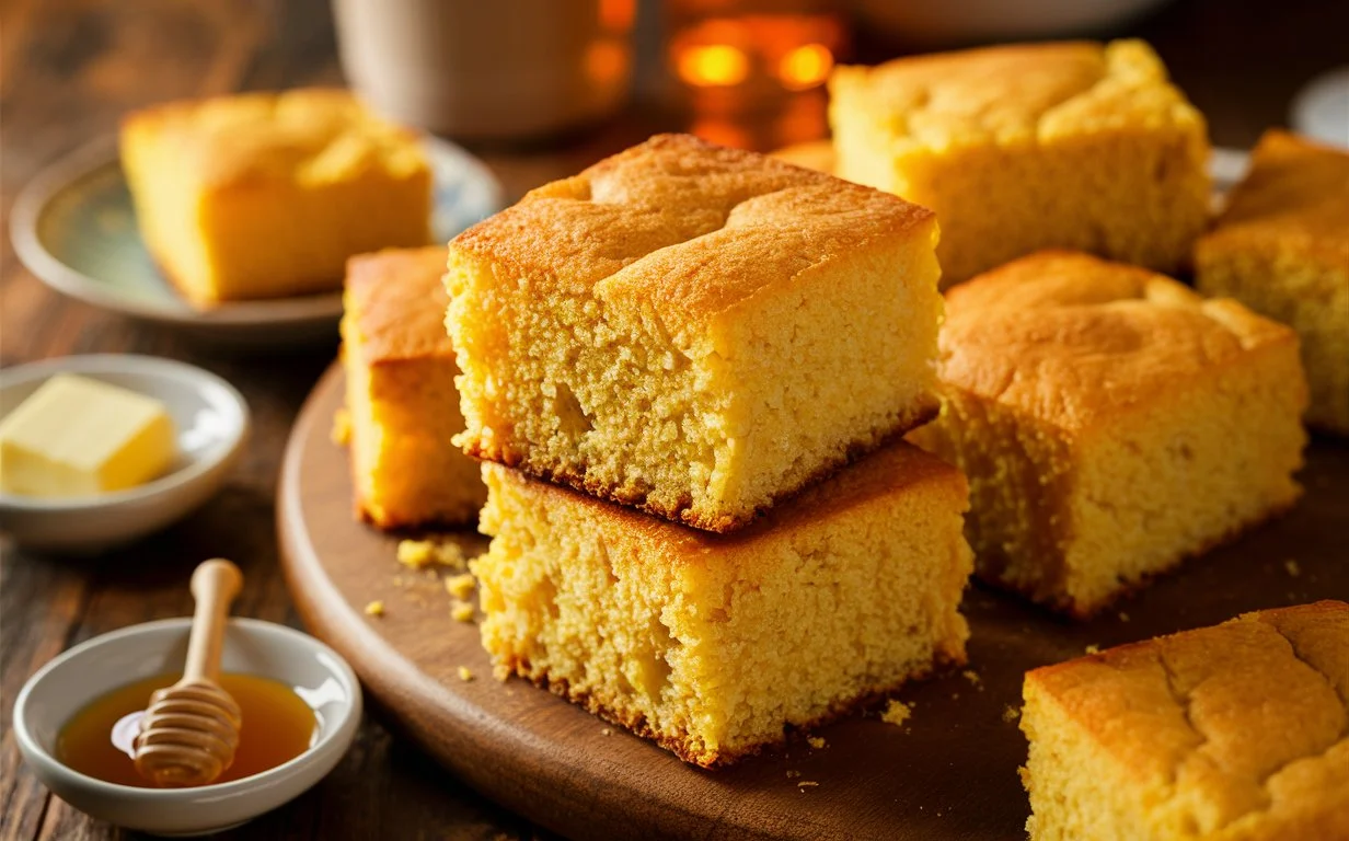 Golden Dolly Parton cornbread with butter and honey.