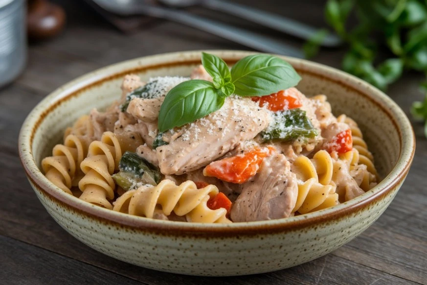 One-Pot Chicken Parmesan Pasta garnished with basil.