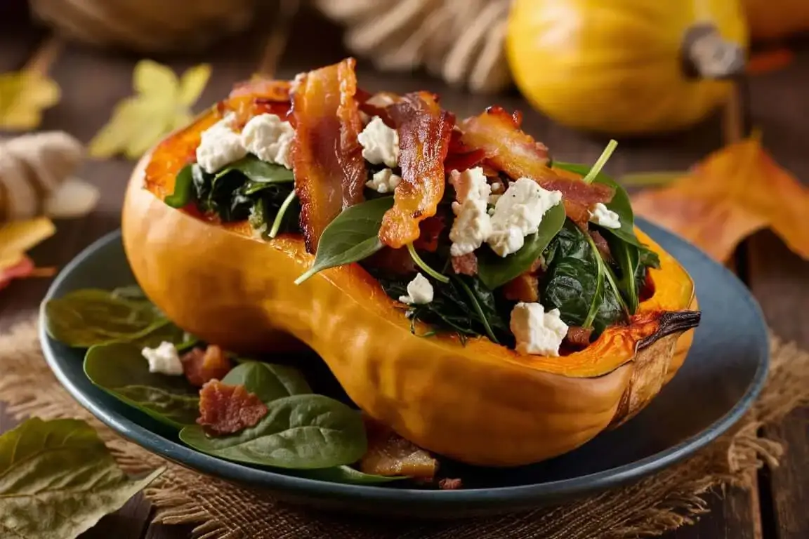 Stuffed butternut squash with feta, spinach, and bacon on a table.