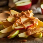 Crispy air fryer apple fries with caramel sauce.