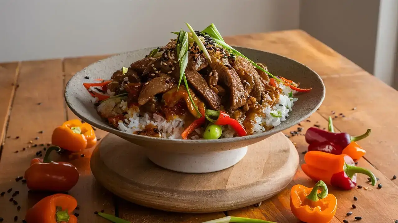 Beef and Pepper Rice Bowl with colorful peppers and rice