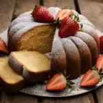 Vanilla buttermilk pound cake on a wooden table with powdered sugar and strawberries.