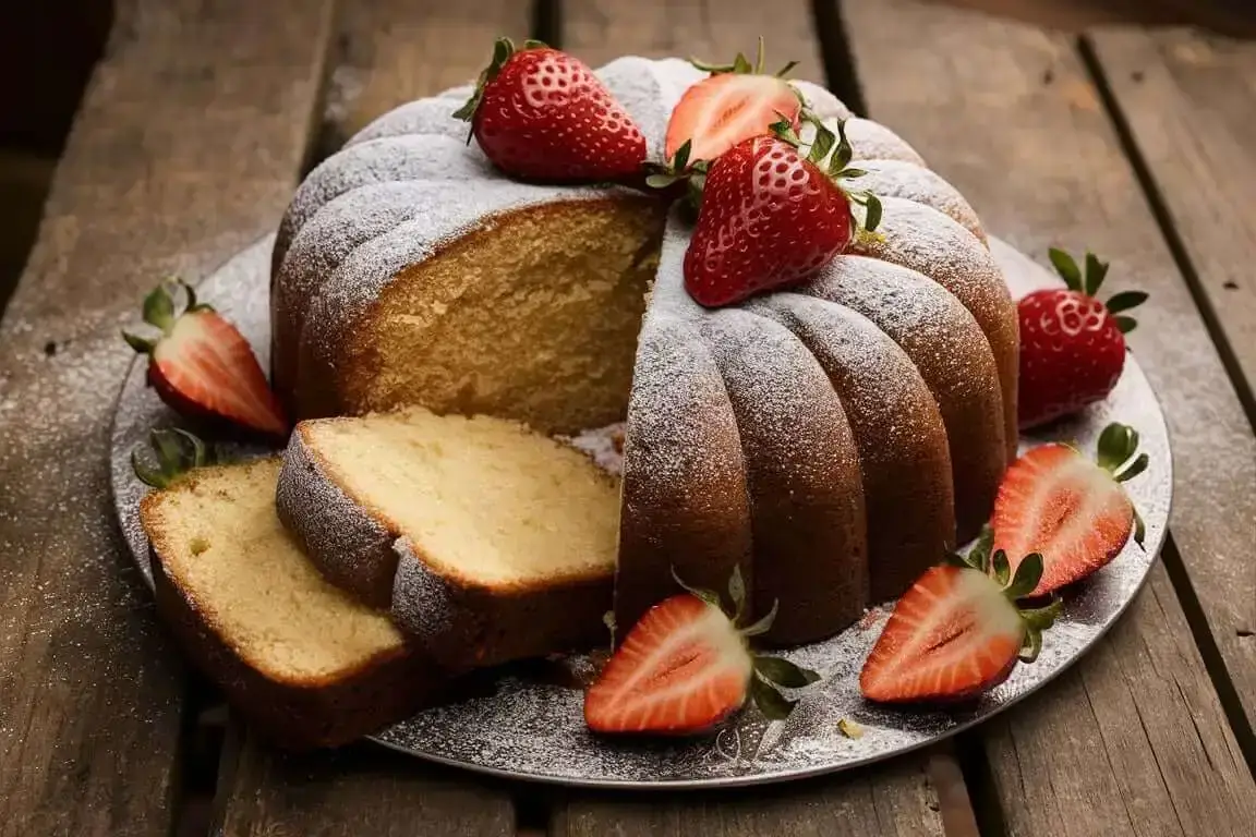 Vanilla buttermilk pound cake on a wooden table with powdered sugar and strawberries.