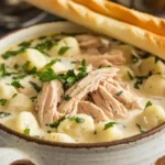 Creamy chicken gnocchi soup garnished with parsley