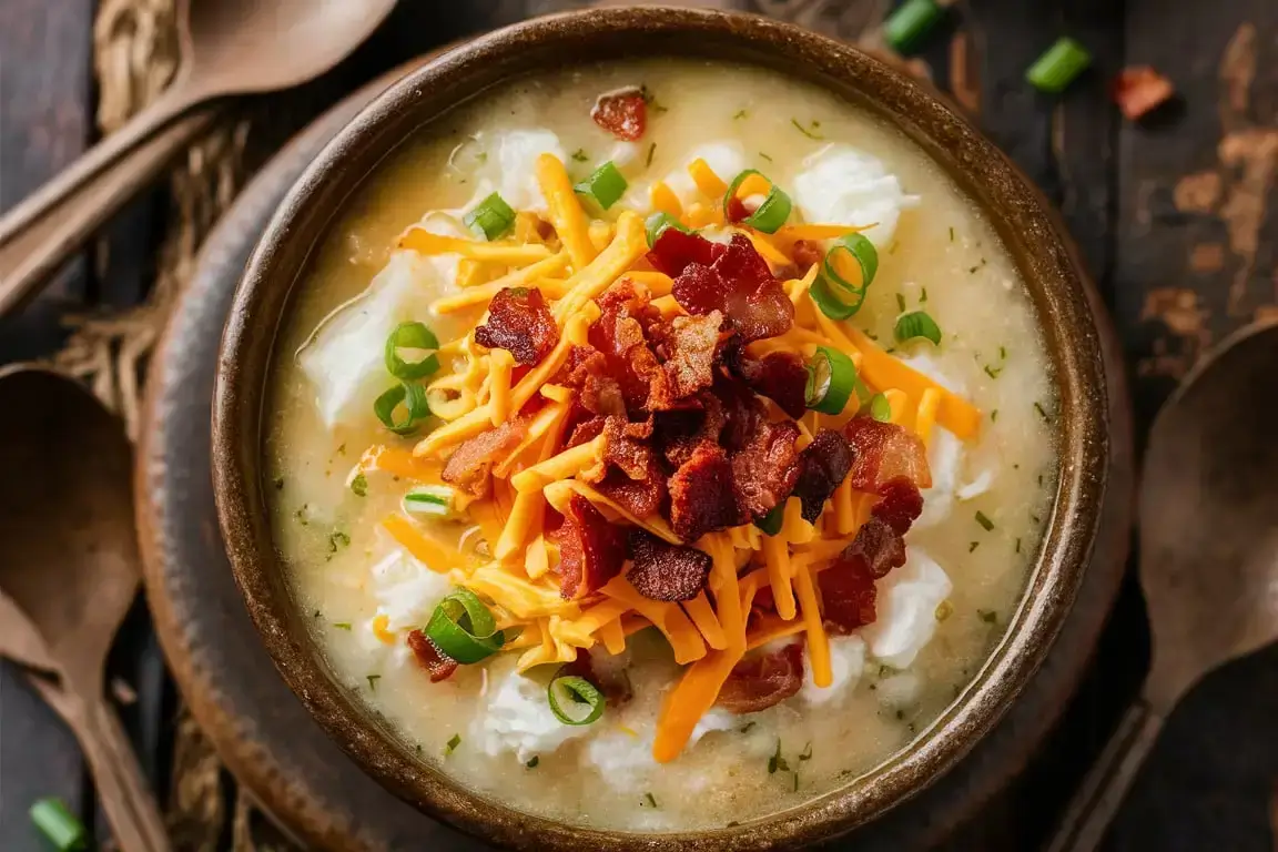 Creamy crock pot crack potato soup with bacon and cheddar cheese.