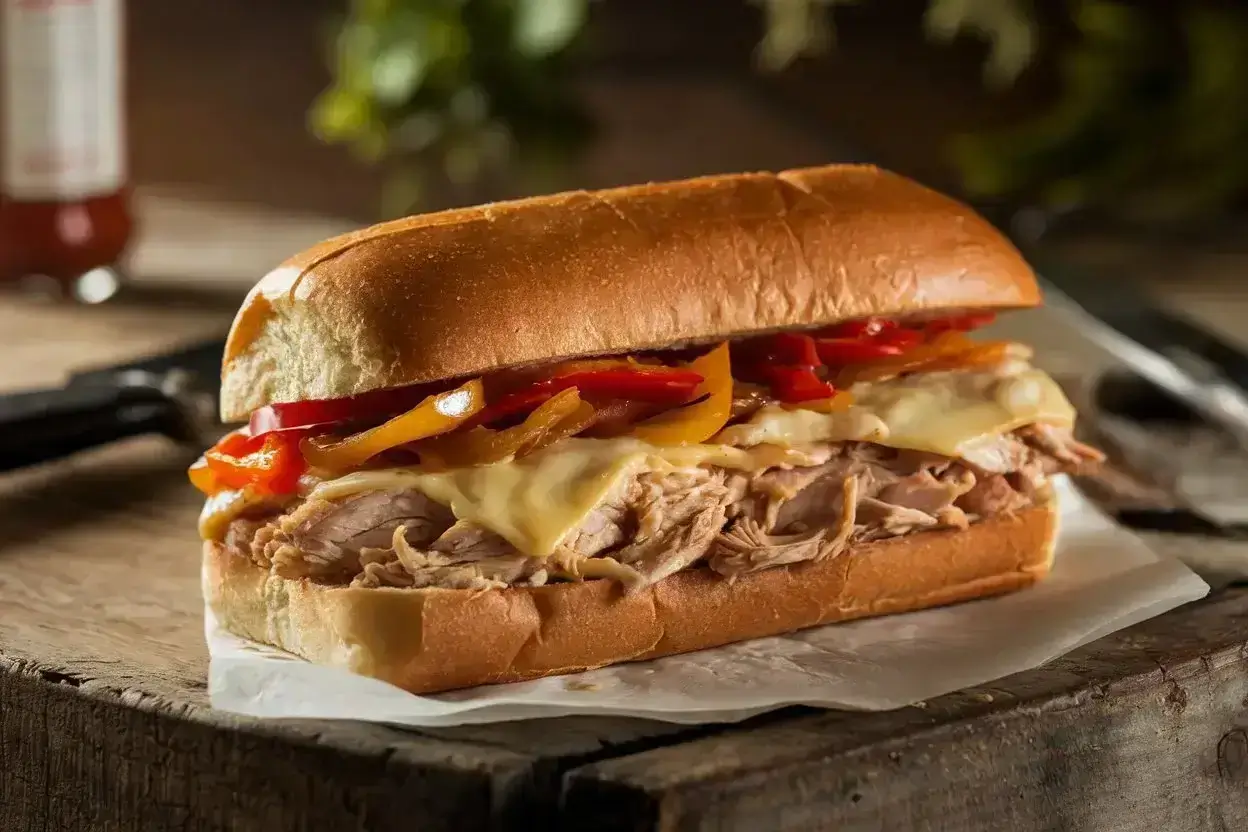 Slow Cooker Chicken Philly Sandwich served on a toasted roll with cheese and vegetables.