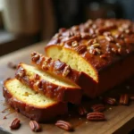 Freshly baked Honey Butter Sweet Alabama Pecanbread with honey drizzle and pecans