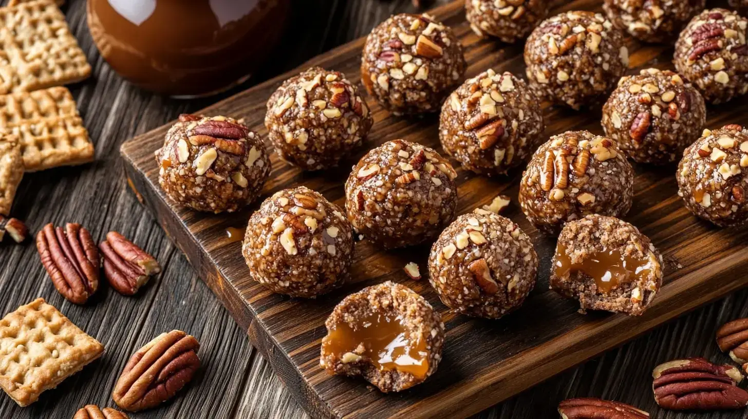 No-bake pecan pie balls on a holiday platter.