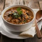 Bowl of steaming beef barley soup with parsley garnish