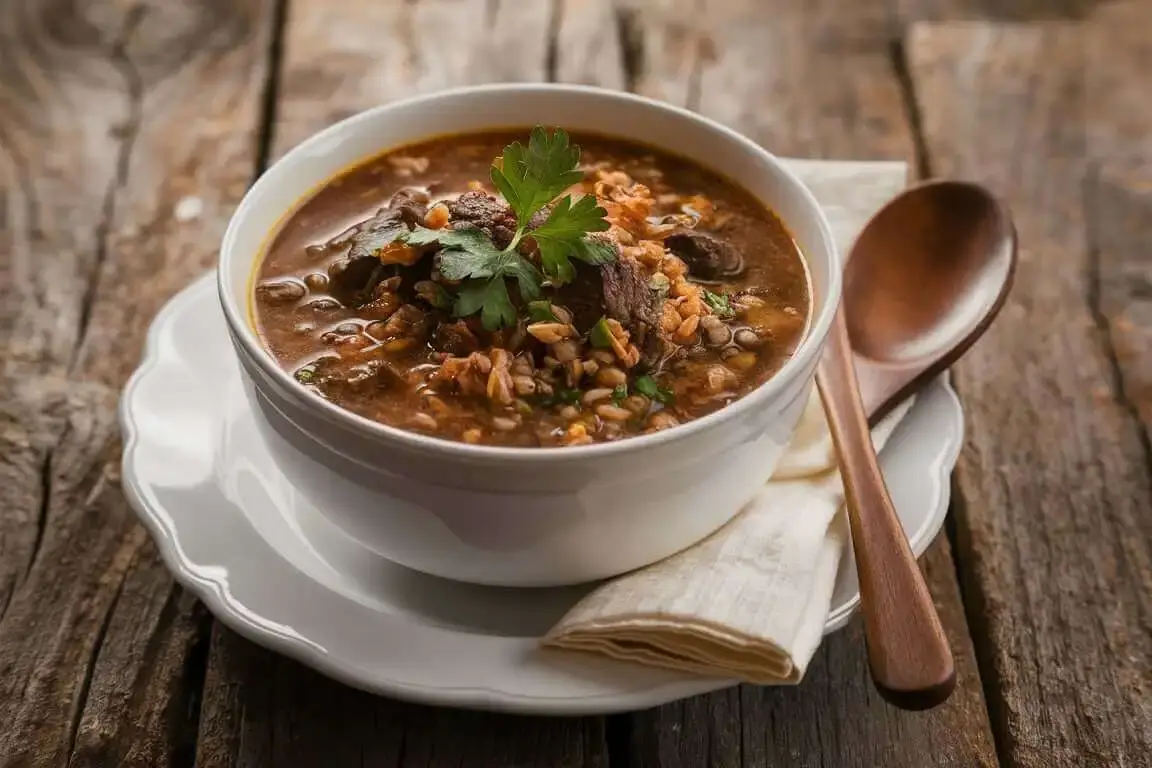 Bowl of steaming beef barley soup with parsley garnish