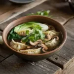 A bowl of potsticker soup with mushrooms and bok choy