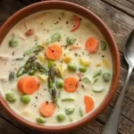 Bowl of creamy Spring Vegetable Chowder with fresh vegetables