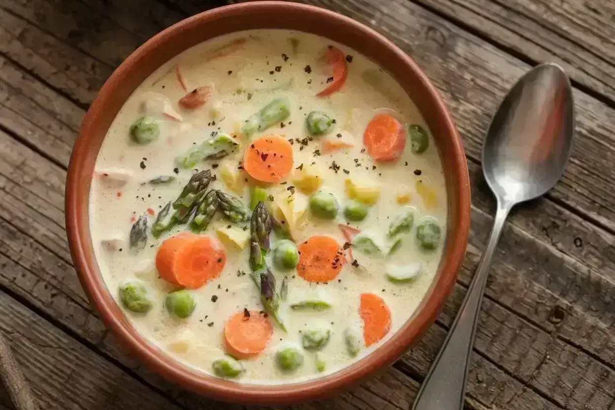 Bowl of creamy Spring Vegetable Chowder with fresh vegetables