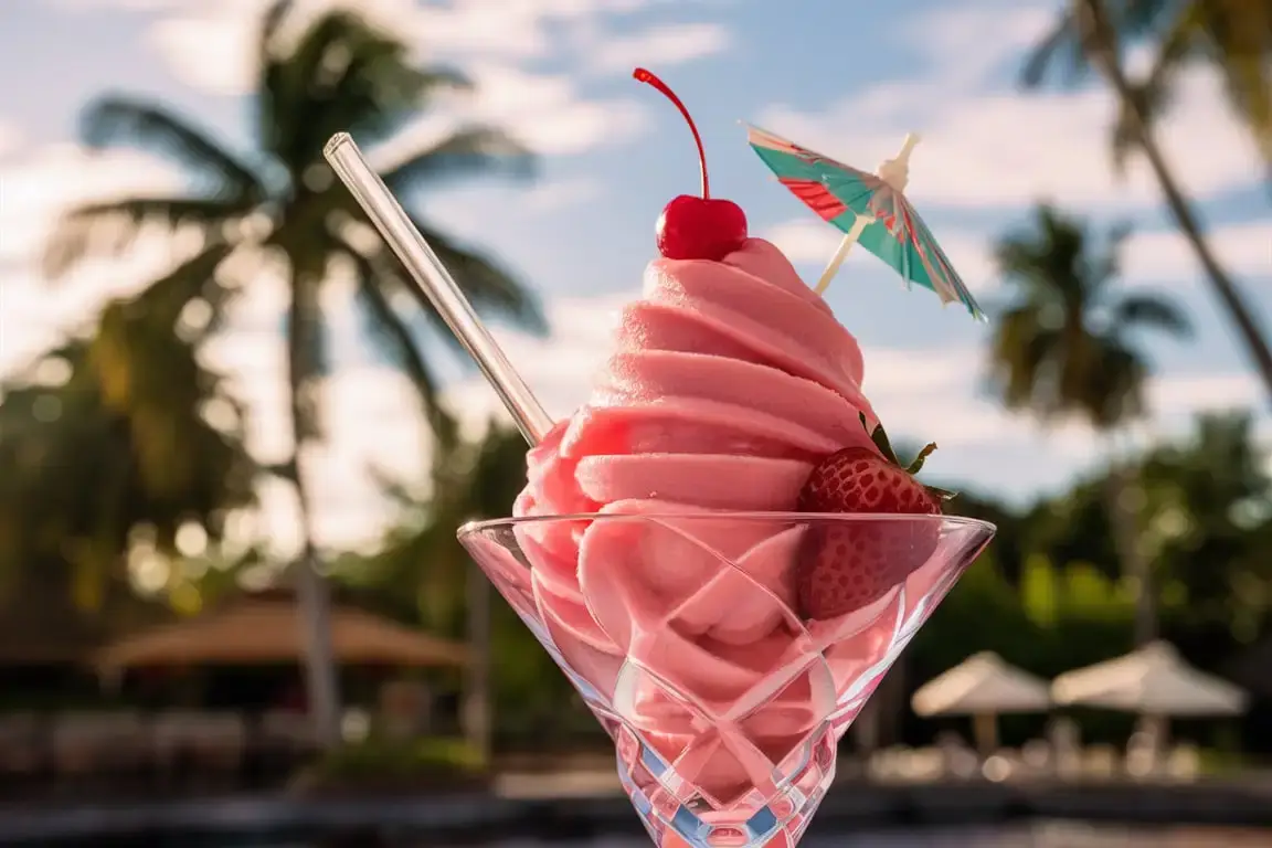 Strawberry Dole Whip in a cup, topped with a fresh strawberry.