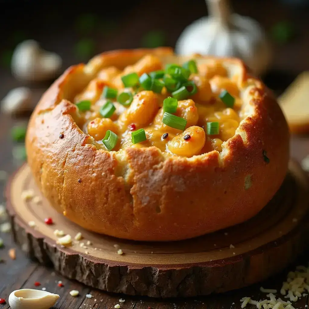 Delicious stuffed seafood bread bowl with creamy filling and golden crust