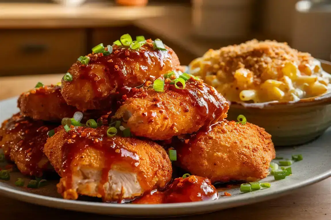 Honey pepper chicken with mac and cheese.