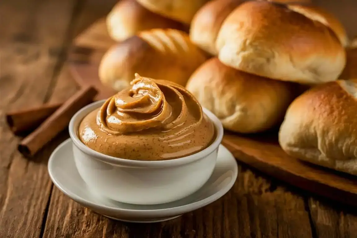 Texas Roadhouse Cinnamon Honey Butter in a bowl with fresh rolls