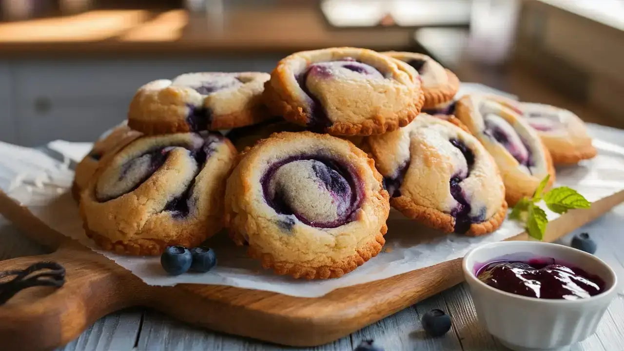 Golden cookies with blueberry swirls and a creamy cheesecake center