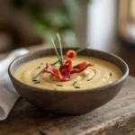 A bowl of homemade potato soup garnished with bacon and chives.