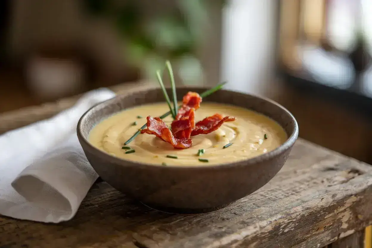 A bowl of homemade potato soup garnished with bacon and chives.